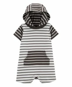 Carter's | Black & White Stripe Kangaroo Pocket Hooded Romper - Newborn