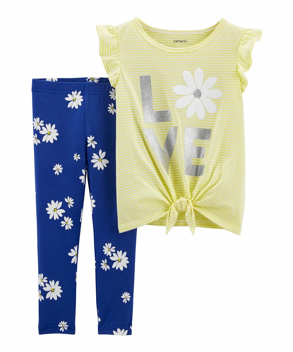 Carter's | Yellow Stripe Flower 'Love' Knot-Hem Tee & Blue Floral Leggings - Infant