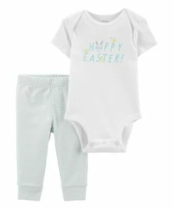 Carter's | White 'Happy Easter' Short-Sleeve Bodysuit & Blue Stripe Pants
