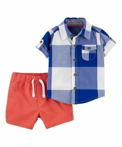 Carter's | Blue Plaid Button-Up & Orange Shorts - Infant