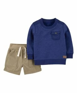 Carter's | Blue Pocket Sweatshirt & Khaki Shorts - Newborn & Infant