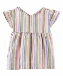 Carter's | Pink & Green Stripe Linen-Blend Angel-Sleeve Top - Infant