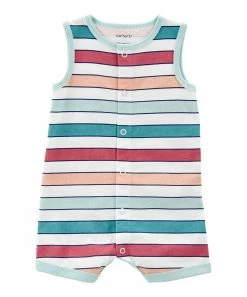 Carter's | Teal & Pink Stripe Shark Sleeveless Romper - Newborn