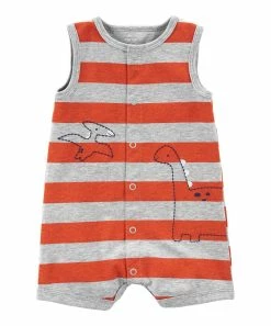 Carter's | Gray & Red Stripe Dinosaur Sleeveless Romper - Newborn & Infant