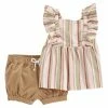Carter's | Green & Pink Stripe Ruffle Romper & Brown Shorts - Newborn & Infant