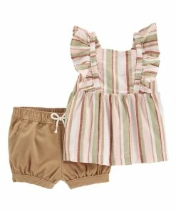 Carter's | Green & Pink Stripe Ruffle Romper & Brown Shorts - Newborn & Infant