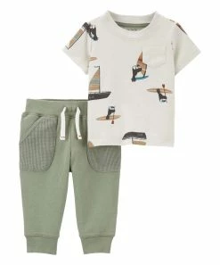 Carter's | Ivory Boaters Crewneck Tee & Green Drawstring Pants - Newborn & Infant
