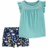 Carter's | Turquoise Angel-Sleeve Top & Navy Floral Linen-Blend Shorts - Infant