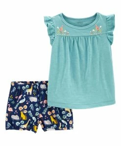 Carter's | Turquoise Angel-Sleeve Top & Navy Floral Linen-Blend Shorts - Infant