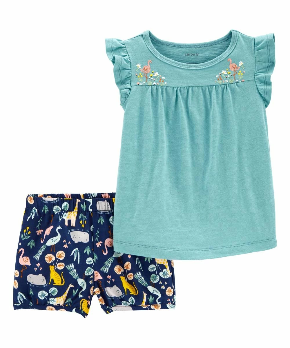 Carter's | Turquoise Angel-Sleeve Top & Navy Floral Linen-Blend Shorts - Infant