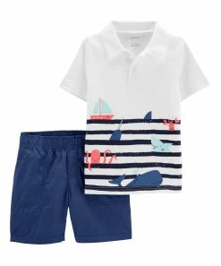 Carter's | White Stripe Whales Polo & Blue Shorts - Infant
