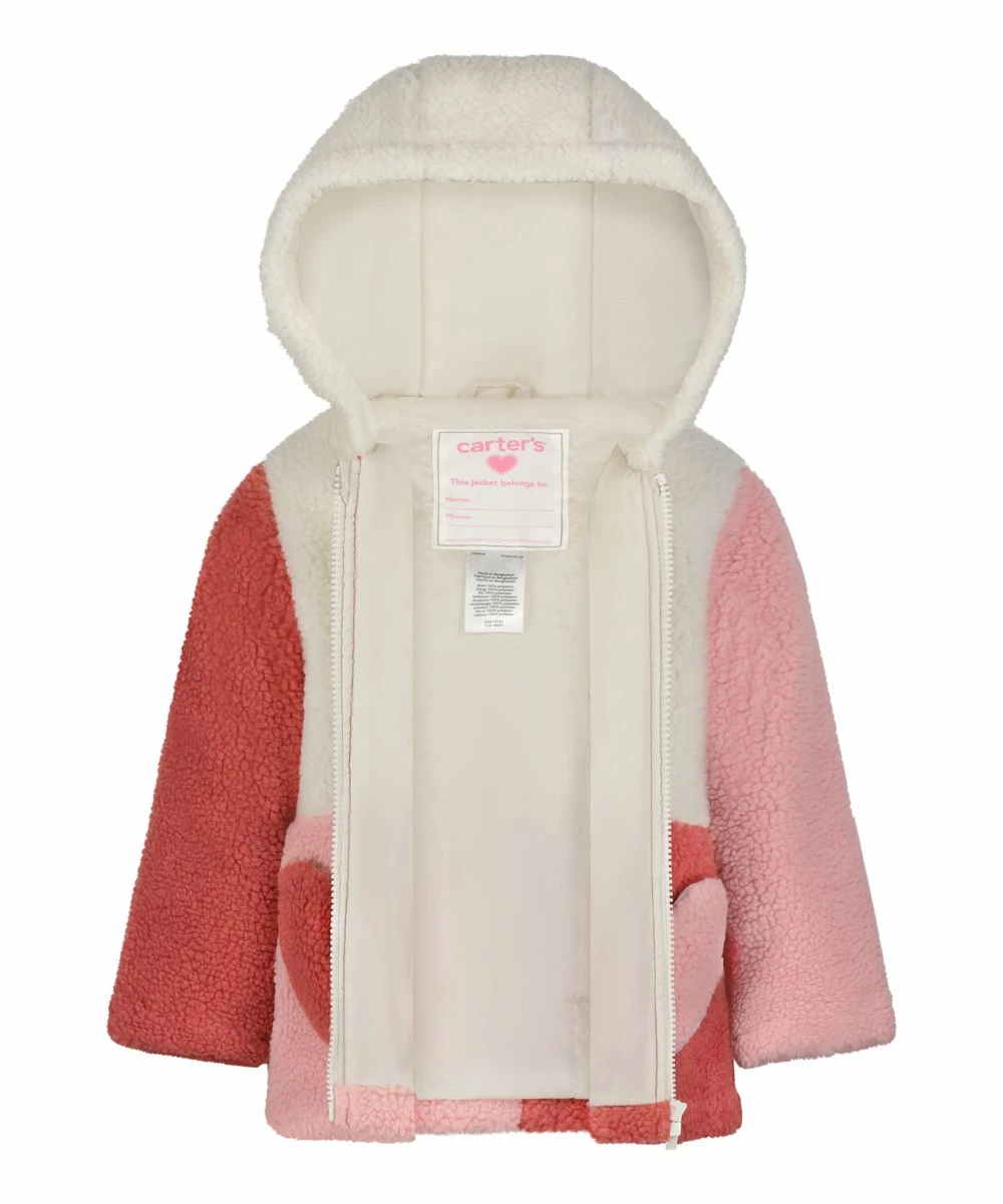 Carter's | Pink & Cream Color-Block Heart Hooded Sherpa Jacket - Toddler - Image 2