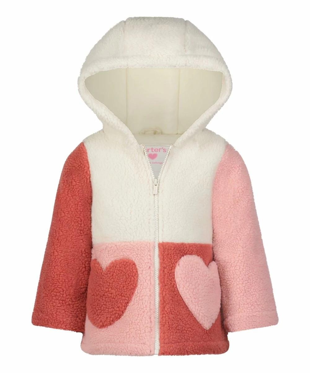 Carter's | Pink & Cream Color-Block Heart Hooded Sherpa Jacket - Toddler