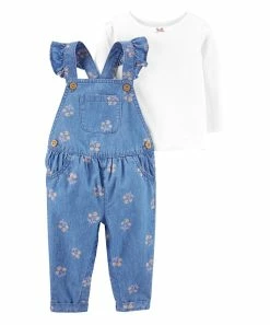 Carter's | Blue Floral Chambray Ruffle Overalls & White Long-Sleeve Top - Newborn