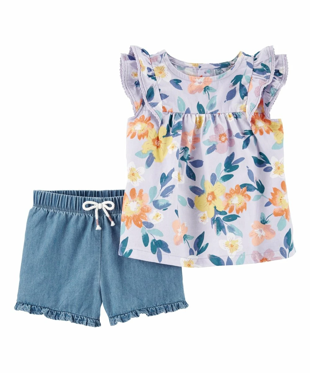 Carter's | Orange Floral Ruffle-Accent Top & Blue Chambray Shorts - Newborn & Infant