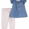 Carter's | Blue Chambray Angel-Sleeve Top & Pink Gingham Pants - Newborn & Infant
