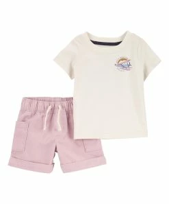 Carter's | Cream & Blue 'Little Adventure Society' Tee & Pink Cuffed Shorts - Newborn & Infant