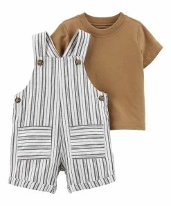Carter's | White & Gray Stripe Shortalls & Brown Tee - Newborn & Infant