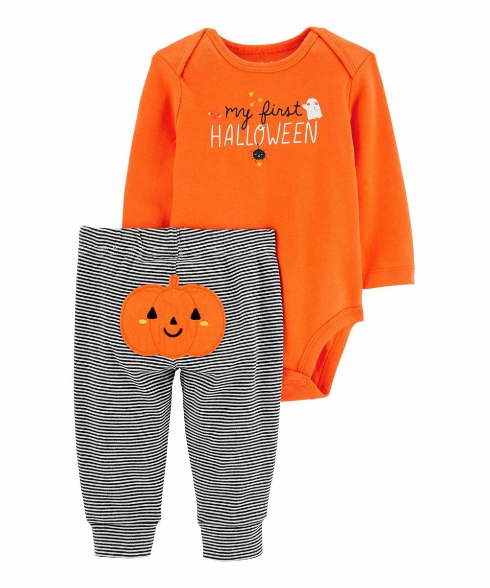 Carter's | Orange 'First Halloween' Bodysuit & Black & White Stripe Joggers - Infant