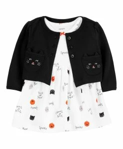 Carter's | White 'Trick or Treat' Skirted Bodysuit & Black Kitty Pocket Cardigan - Newborn