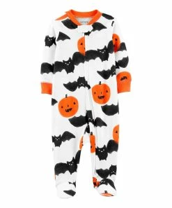 Carter's | White & Orange Pumpkin Bat Two-Way Zip Footie - Newborn