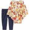 Carter's | White & Yellow Floral Long-Sleeve Peplum Bodysuit & Navy Leggings - Newborn