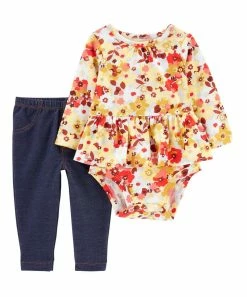 Carter's | White & Yellow Floral Long-Sleeve Peplum Bodysuit & Navy Leggings - Newborn