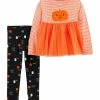 Carter's | Orange Stripe 'Boo' Pumpkin Babydoll Top & Black Spooky Leggings - Infant