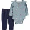 Carter's | Ash Blue & Pink Floral Long Angel-Sleeve Bodysuit & Blue Leggings - Newborn