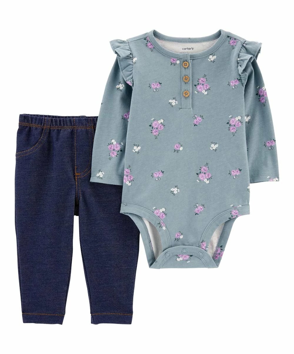 Carter's | Ash Blue & Pink Floral Long Angel-Sleeve Bodysuit & Blue Leggings - Newborn