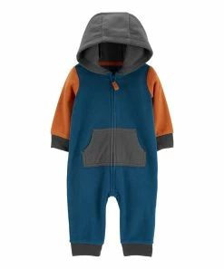 Carter's | Blue & Orange Color Block Fleece Hooded Zip-Up Playsuit - Infant