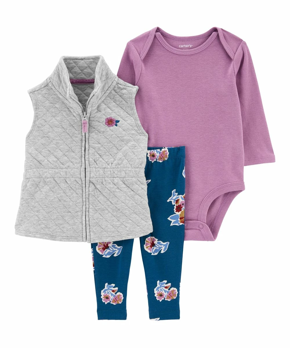 Carter's | Gray Quilted Double-Knit Zip-Up Angel-Sleeve Vest Set - Newborn & Infant