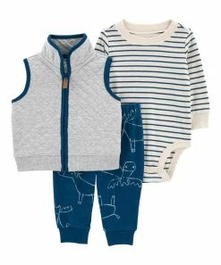Carter's | Gray & Dark Teal Quilted Double-Knit Zip-Up Vest Set - Newborn & Infant