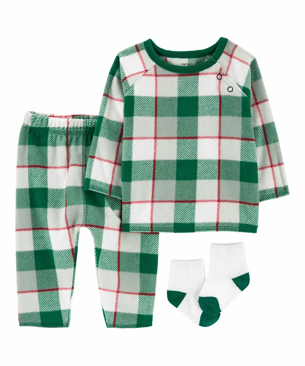 Carter's | Green & White Plaid Fleece Long-Sleeve Top Set - Infant