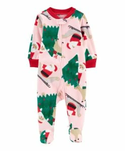 Carter's | Pink & Green Santa Fleece Zip-Up Footie - Newborn & Infant