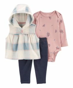 Carter's | Cream & Blue Plaid Hooded Zip-Up Vest Set - Newborn & Infant