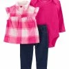 Carter's | Pink & White Plaid Fleece Angel-Sleeve Top Set - Newborn & Infant