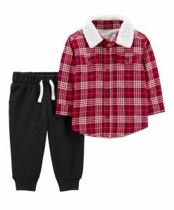 Carter's | Red Plaid Button-Up & Black Fleece Joggers - Newborn & Infant