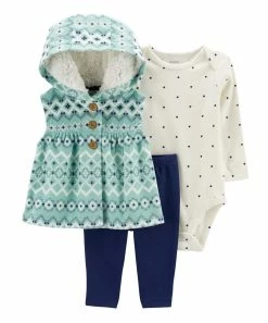 Carter's | Green & White Geometric Hooded Peplum Vest Set - Newborn