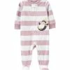 Carter's | Pink & White Stripe Penguin Fleece Two-Way Zip Footie - Newborn & Infant