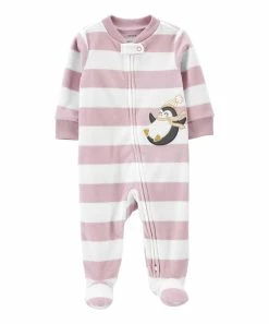 Carter's | Pink & White Stripe Penguin Fleece Two-Way Zip Footie - Newborn & Infant