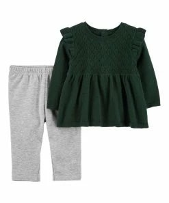 Carter's | Green Knit Peplum Sweater & Gray Fleece Pants - Newborn & Infant