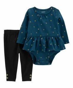 Carter's | Teal & Gold Star Peplum Bodysuit & Black Button-Accent Pants - Newborn & Infant