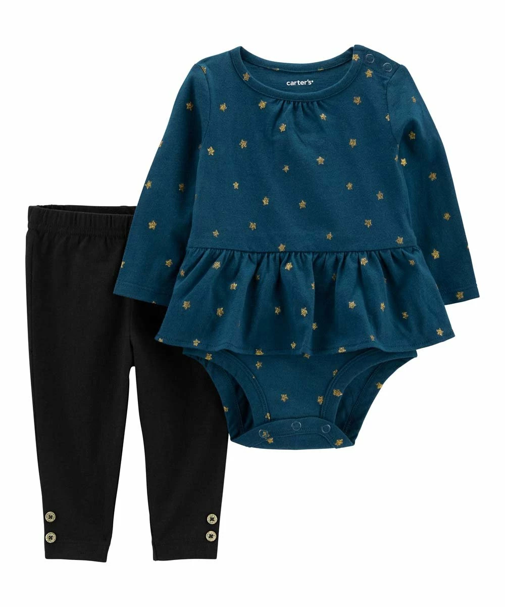 Carter's | Teal & Gold Star Peplum Bodysuit & Black Button-Accent Pants - Newborn & Infant