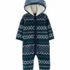 Carter's | Navy & Green Geometric Stripe Fleece Hooded Playsuit - Infant