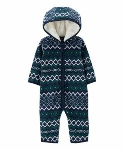 Carter's | Navy & Green Geometric Stripe Fleece Hooded Playsuit - Infant