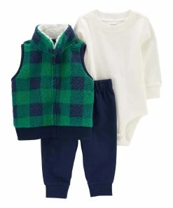 Carter's | Navy & Green Plaid Sherpa-Lined Vest Set - Infant