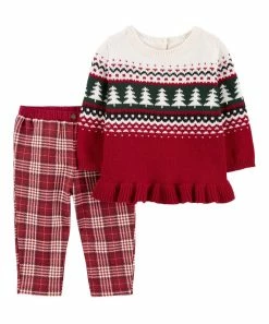 Carter's | Red Tree Stripe Ruffle-Hem Sweater & Red Plaid Pants - Newborn & Infant