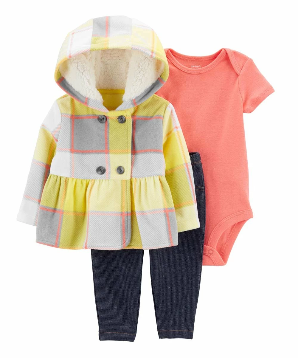Carter's | Yellow & Gray Plaid Hooded Button-Up Jacket Set - Newborn & Infant