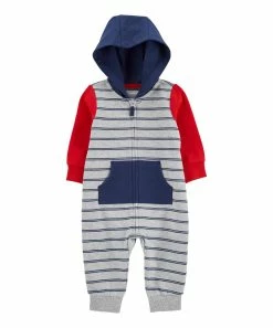 Carter's | Gray & Blue Stripe Zip-Up Hooded Playsuit - Newborn & Infant